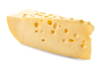 Piece of tasty cheese on white background
