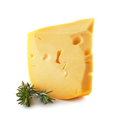 Piece of tasty cheese and rosemary on white background