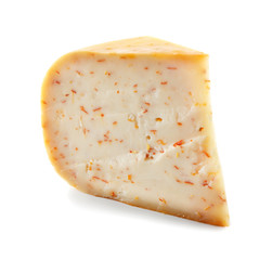 Piece of tasty cheese on white background