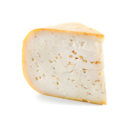 Piece of tasty cheese on white background