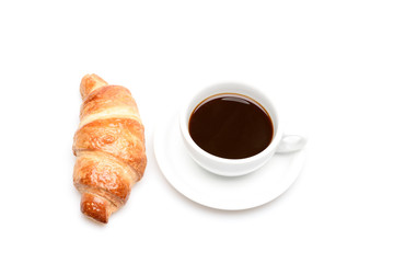 Fresh croissant and cup of coffee isolated on white background
