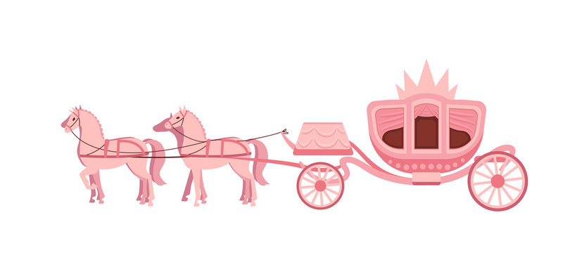 Pink carriage drawn by four horses on white background.