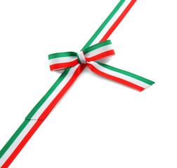 Ribbon bow in colors of Italian flag on white background