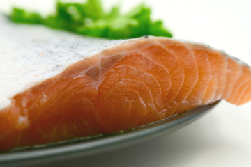 A raw fillet of salmon with its pink meat, silver skin and scales and some green parsley. Tilt-shift effect applied.