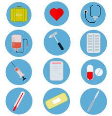 A set of images associated with resuscitation and medicine. Isolated on white