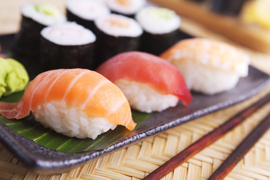 Various Japanese sushi on a plate, shallow depth of field