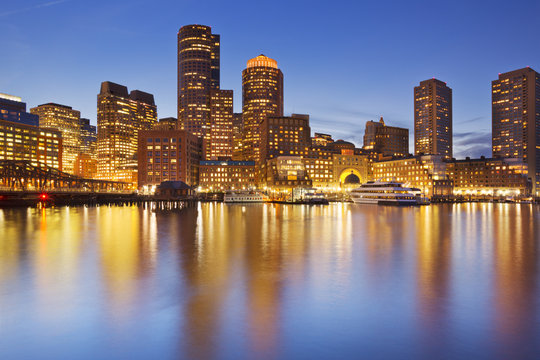 Boston, Massachusetts, USA skyline from Fan Pier at night