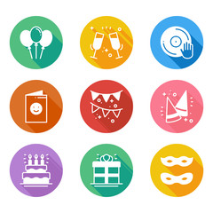 Party celebration thin line icons set. Birthday, holidays, event, carnival festive. Basic party elements icons collection. Vector simple silhouette linear design. Illustration. Symbols. Mask gifts