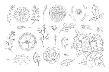 Ink hand drawn floral vintage doodle set with flowers