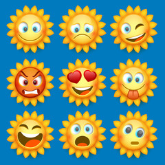 Emoji sun and sad icon set. Vector illustration