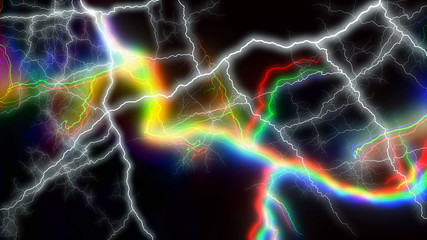 Multitude of colorful lightnings striking everywhere 3d rendering - 141725278