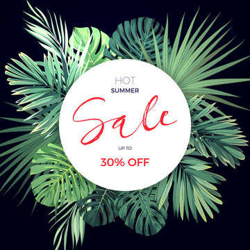 Summer hawaiian flyer design with green tropical plants and palm leaves.