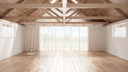 Fototapeta premium Minimalist mezzanine loft, empty industrial space, wooden roofing and parquet floor, scandinavian classic interior design with garden panorama