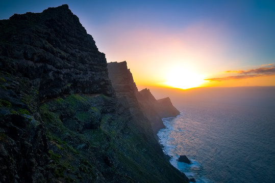 El Mirador del Balcon. Beautiful sunset on the rocky atlantic coast in the west part of Gran Canaria island
