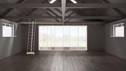 Minimalist mezzanine loft, empty industrial space, wooden roofing and parquet floor, scandinavian classic interior design with garden panorama