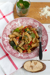 Pasta with flower sprouts and chorizo. White background, red plate, pilea.