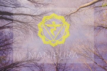 Manipura chakra symbol. Poster for yoga class with sky view.