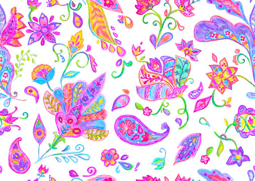 Hand drawn watercolour magenta flower seamless pattern (tiling). Colorful seamless pattern with doodle flowers, paisley and leaves. Isolated objects on a white background. Perfect for cover design.