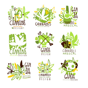 Medical Ganja Colorful Graphic Design Template Logo Series,Hand Drawn Vector Stencils