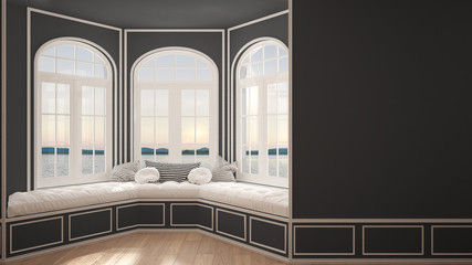Big window with sea panorama, minimalist empty space, background classic interior design