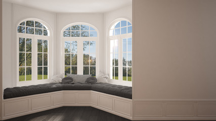 Big window with garden meadow panorama, minimalist empty space, background classic interior design