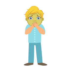 Nauseous Boy With Green Face,Sick Kid Feeling Unwell Because Of The Sickness, Part Of Children And Health Problems Series Of Illustrations