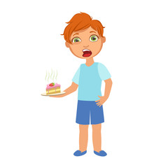 Boy With Cake Nauseous,Sick Kid Feeling Unwell Because Of The Sickness, Part Of Children And Health Problems Series Of Illustrations