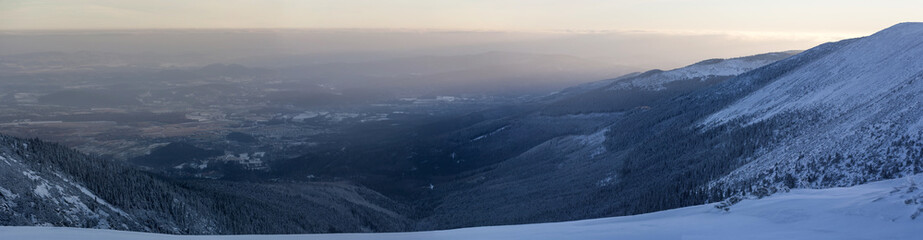 Winter landscape panorama of a Karkonosze mountains