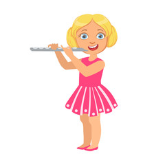 Girl Playing Flute, Kid Performing On Stage, School Showcase Participant With Musical Artistic Talent