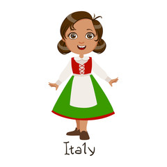 Girl In Italy Country National Clothes, Wearing Green Skirt And Apron Traditional For The Nation