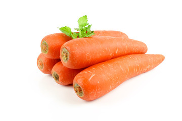 Fresh carrot with celery leaf on white background