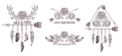 Set of hand drawn boho style design with rose flower, arrow and feathers.