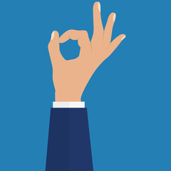 Businessman hands hold OK. vector illustration in flat design. Financials, work motivation
