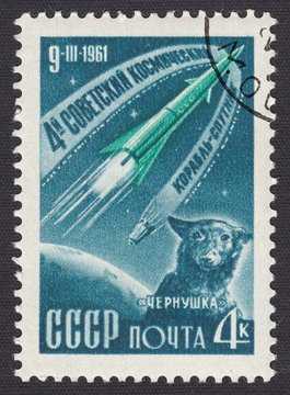 IV Soviet Space Satellite.The Dog Chernushka On A Spaceship. Postage Stamp USSR 1961