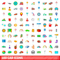 100 car icons set, cartoon style