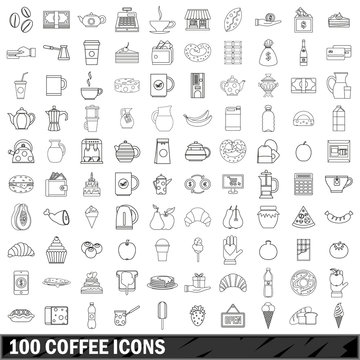 100 coffee icons set, outline style