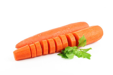 Fresh carrot with celery leaf on white background