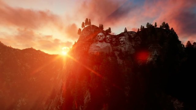 Mount Rushmore at sunset, camera fly