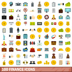 100 finance icons set, flat style