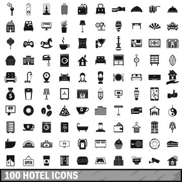 100 hotel icons set, simple style 