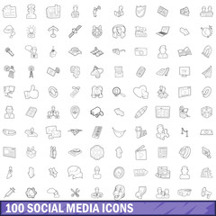 100 social media icons set, outline style