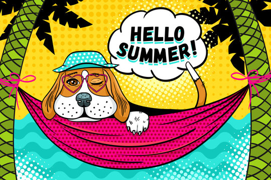 Hello summer! Cute dog in panama and glasses in the shape of a heart lying in a hammock between palm trees on the beach, winking and smiling.Vector illustration in retro comic style.