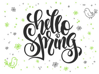 vector hand lettering greetings text - hello spring with doodle flowers, bird and bubbles