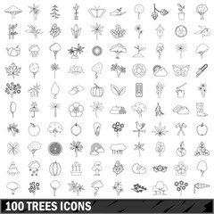 100 trees icons set, outline style