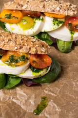 Healthy Vegetarian Sandwich with Baby Spinach, Mozzarella Cheese and Grape Tomatoes