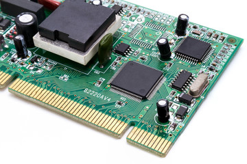 Close up of Computer circuit board on white background.