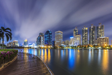 Bangkok city skyline in twilight time at Benjakitti Park, Asoke, Bangkok, Thailand