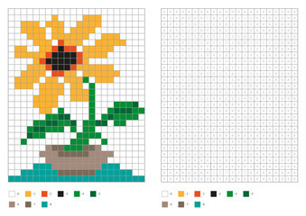 Coloring book with numbered squares. Kids coloring page, pixel coloring. Home plant in vase. Vector illustration