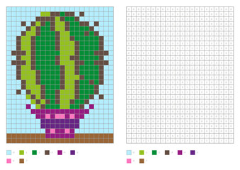 Coloring book with numbered squares. Kids coloring page, pixel coloring. Home plant in vase. Vector illustration