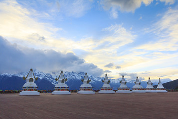 Meili snow mountain and Tibetan stupa, viewpoint from Feilai temple, Deqing, Yunnan, China